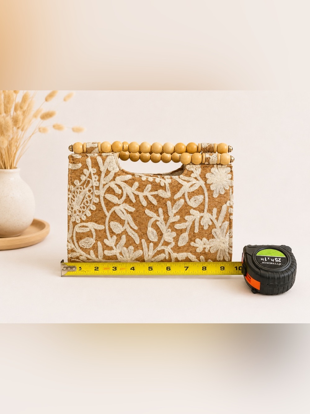 🌿 Boho Cork Floral Embroidered Beaded Handle Handbag 🌿